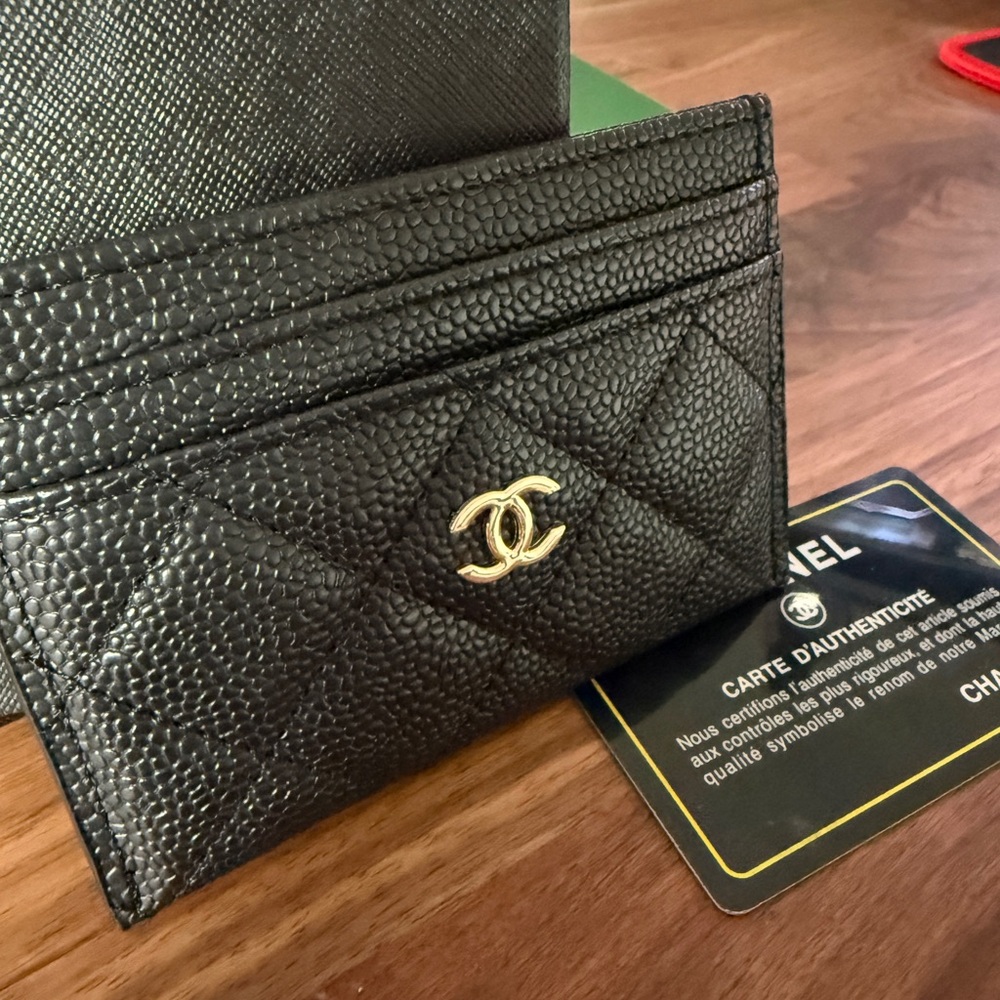CHANEL Textured Black Card Holder with Gold Logo
